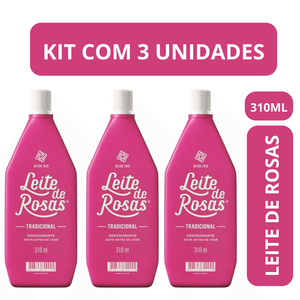 Leite de Rosas Tradicional 310ml Kit com 3 Unidades Loção Corporal Desodorante Leite de Rosas