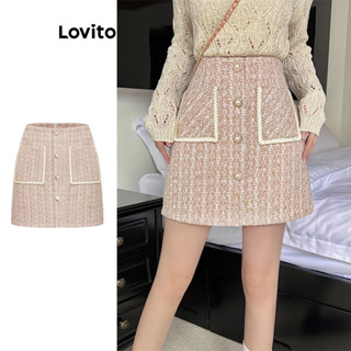 Lovito Saia de Tweed Elegante e Liso com Botões na Frente para Mulheres L77ED241