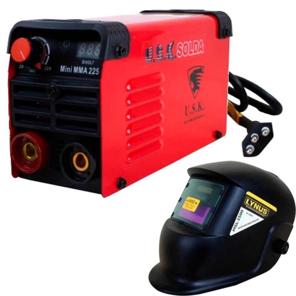 Máquina Solda Inversora 225 Mini BIVOLT USK com Máscara de Solda Auto LYNUS em Oferta na Shopee