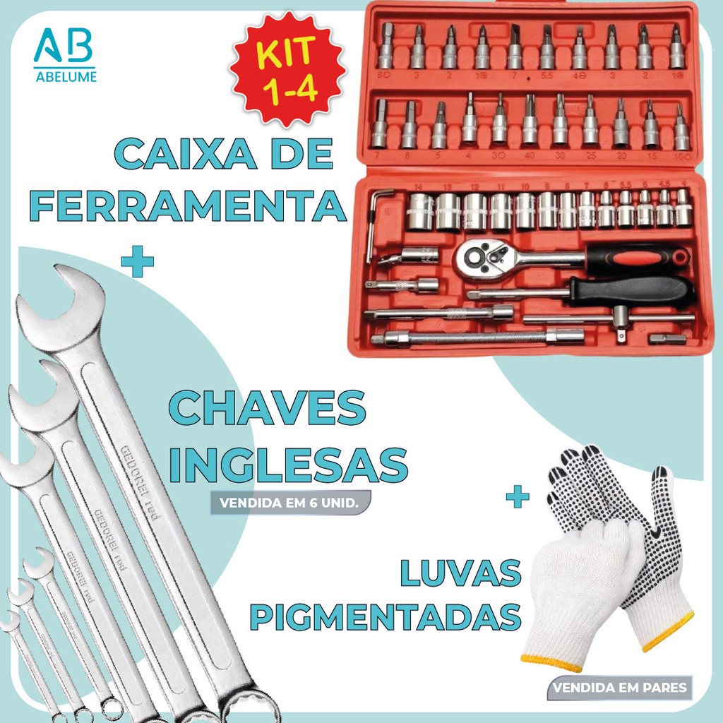 Kit de Ferramentas com maleta de 46 Peças + Chave Combinada + Luva Profissional antiderrapante em Oferta na Shopee
