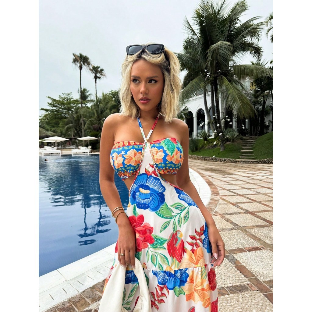 Vestido Longo Mayara Estampado Com Tranças Soltinho Babado Floral PRIMAVERA/VERÃO