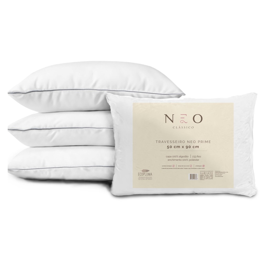 Kit 4 Travesseiro Neo Prime Ecopluma 233 Fios 50x90cm – Branco - Camesa