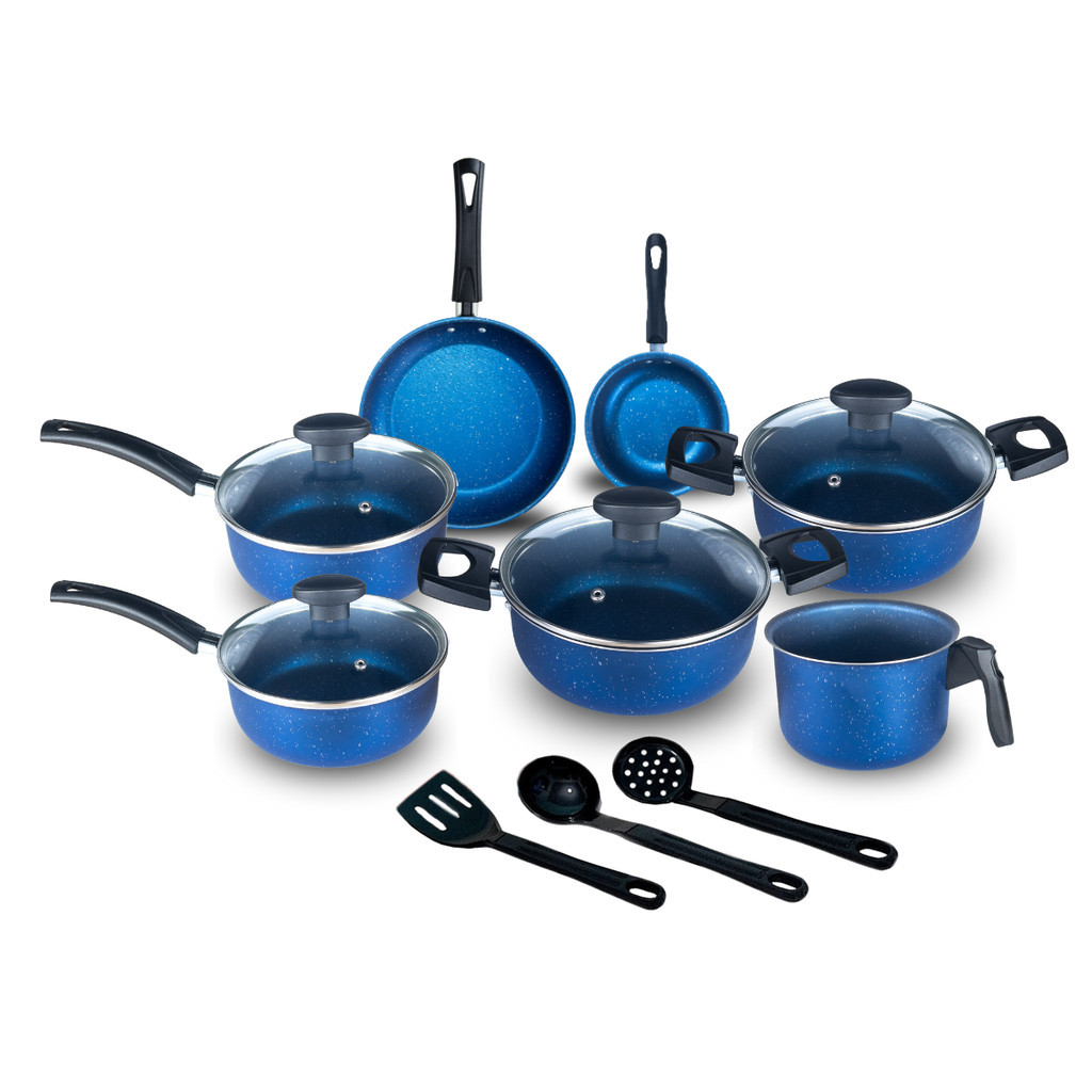 Conjunto Jogo de Panelas Azul Teflon 10 Pçs Antiaderente Tampa de Vidro Atenas