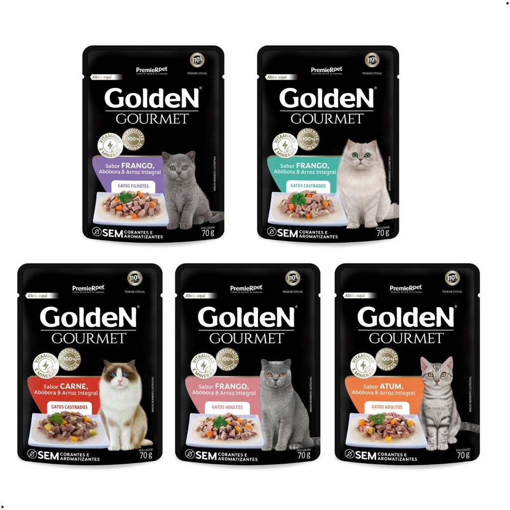 Kit 20 unidades Sachês Golden Gourmet Gatos Adultos, Filhotes e Castrados Alimento Úmido Sabores em Oferta na Shopee