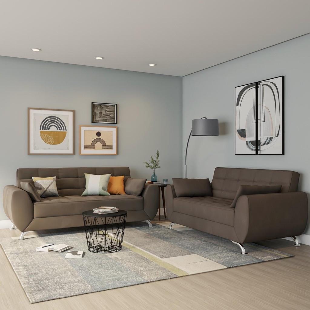 Conjunto de Sofá 2 e 3 Lugares Larissa Suede Castanho - Home & Living