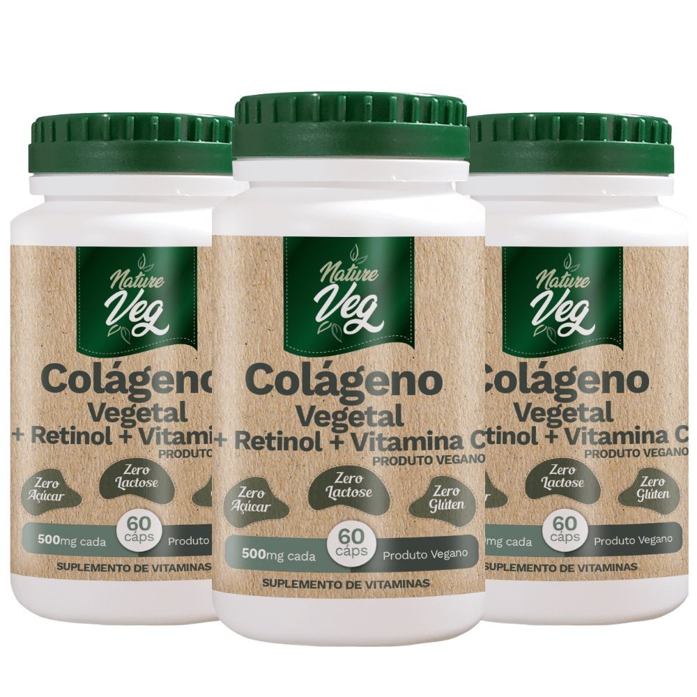 Kit 3 Colágeno Vegetal + Retinol + Vitamina C (Produto Vegano) 60 Cápsulas 500mg - Saúde capilar!