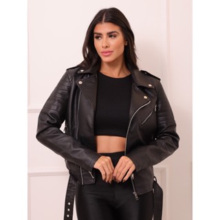 Jaqueta de Couro Feminino Motociclista Gola Lapela Moto Clube Cinto Fechar Courino Fake PU Ocasional