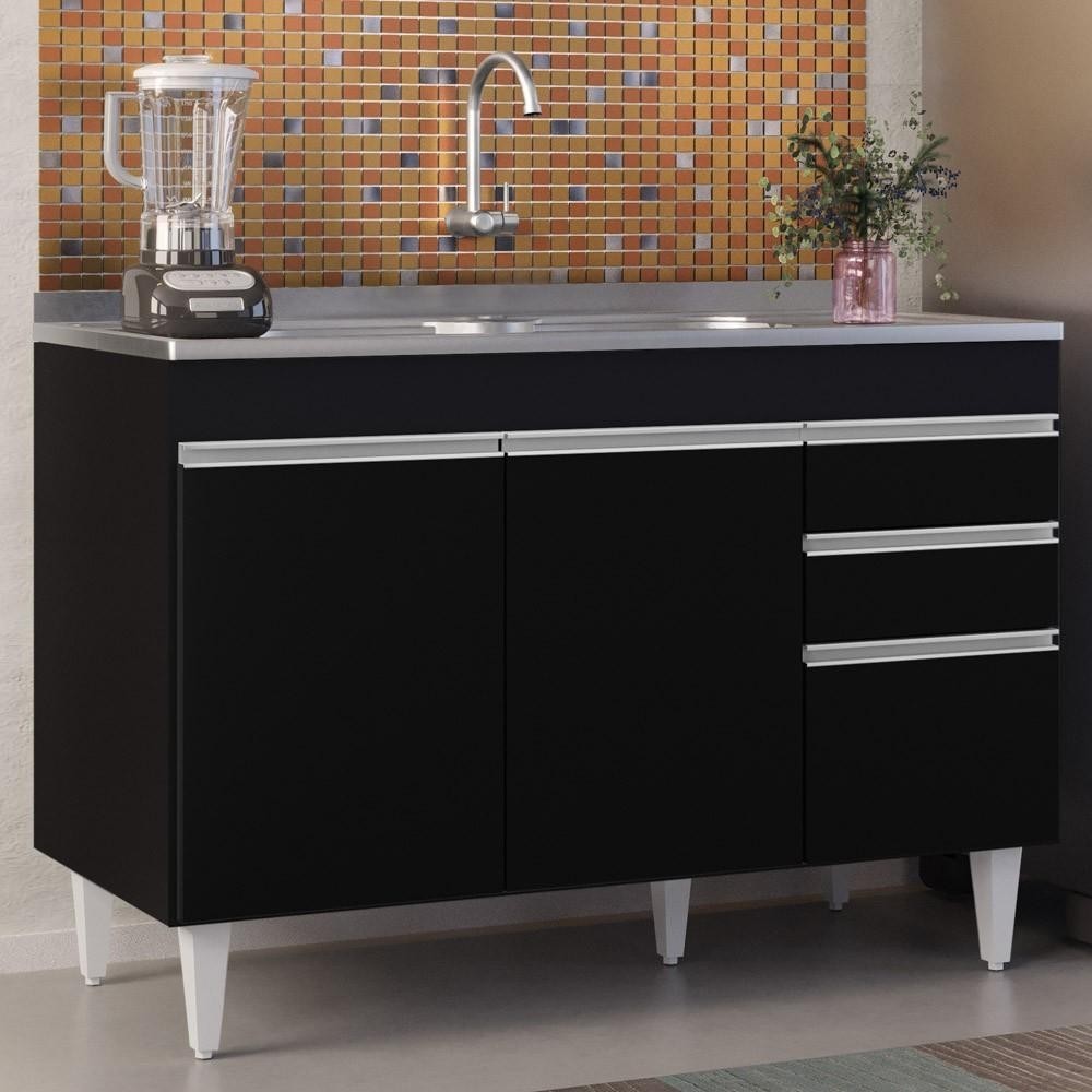 Balcão Gabinete com Pia Inox 120cm Michigan Preto - Lumil - Home & Living