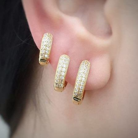 Brinco Trio Argola BANHADA A OURO 18K com 2 Fileiras de Zircônias Cravejada Kit 3 pares / Argolinhas Folheadas á Ouro 18K com 2 Fileiras de Zircônias Corrente pulseira cordão banhado a ouro banho triplo EXCLUSIVO LE BIJOUX dourado