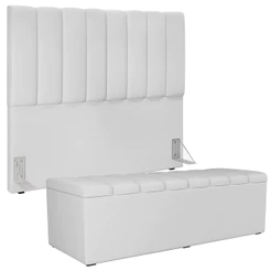 Kit Cabeceira Cama Box Casal 140cm Com Calçadeira Recamier Baú Dália W01 Facto Branco - Lyam Decor