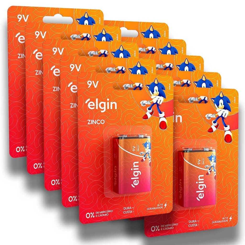 Pilha Zinco 9V Elgin Bateria 9 Volts Carvão 6F22 kit 10 unidades em Oferta na Shopee