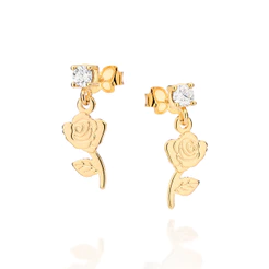 Brincos Rommanel Rosa Da Bela e a Fera Com Zircônia Banhado a Ouro 18k - 527294 Original