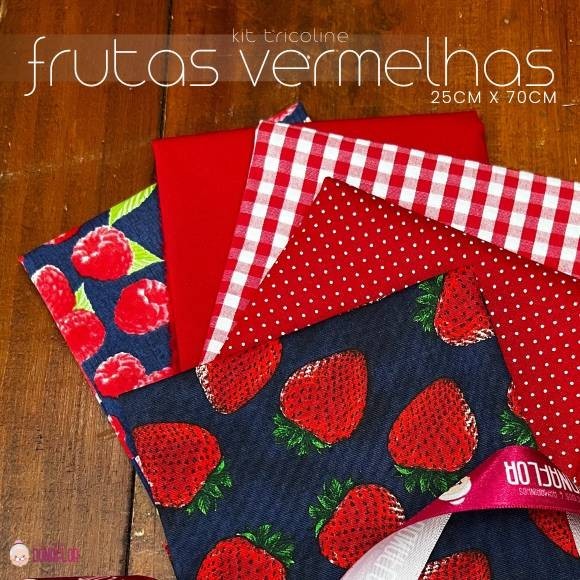 Kit 5Tricolines Frutas Vermelha 25cm X 70cm 100% Algodão -para Panos de Prato, Fraldas  e Patchwork