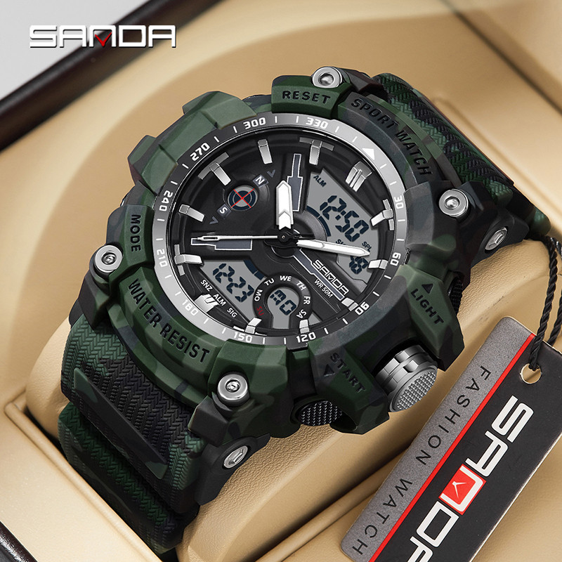Sanda Camuflagem Militar Multifuncional Trendy E Anti Drop Outdoor Luminous Men Watch SD3355