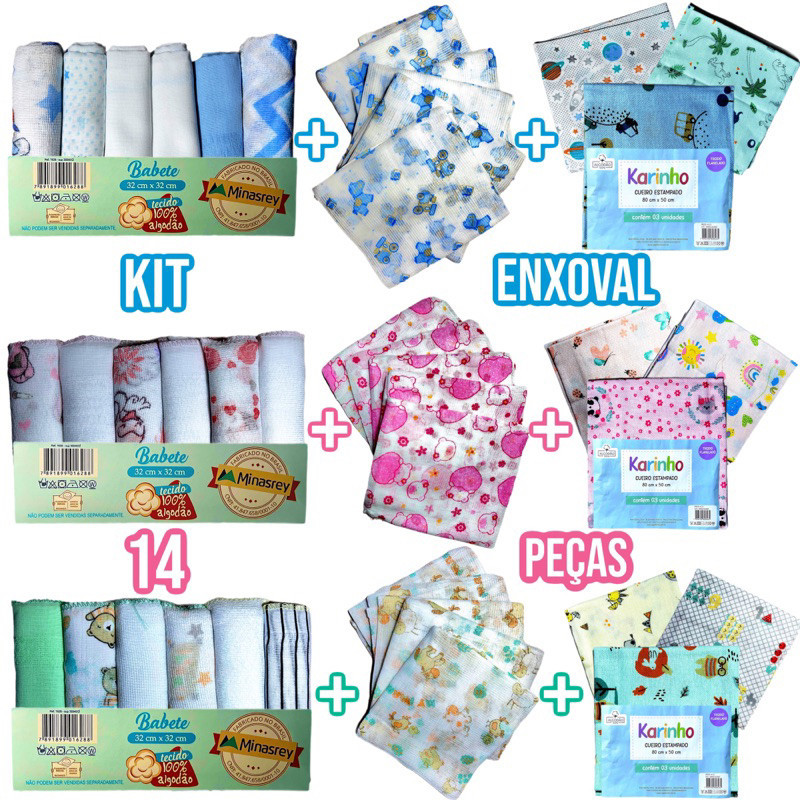 Kit Bebe Infantil 14 Peças 6 Paninho de Boca 5 Fralda de Pano 3 Cueiro Flanelado 100% Algo...