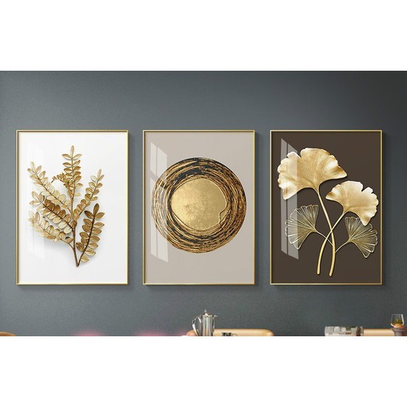 Quadro decorativo 3 peças 30x40 nórdica abstrata folha de ouro dourada bege marrom