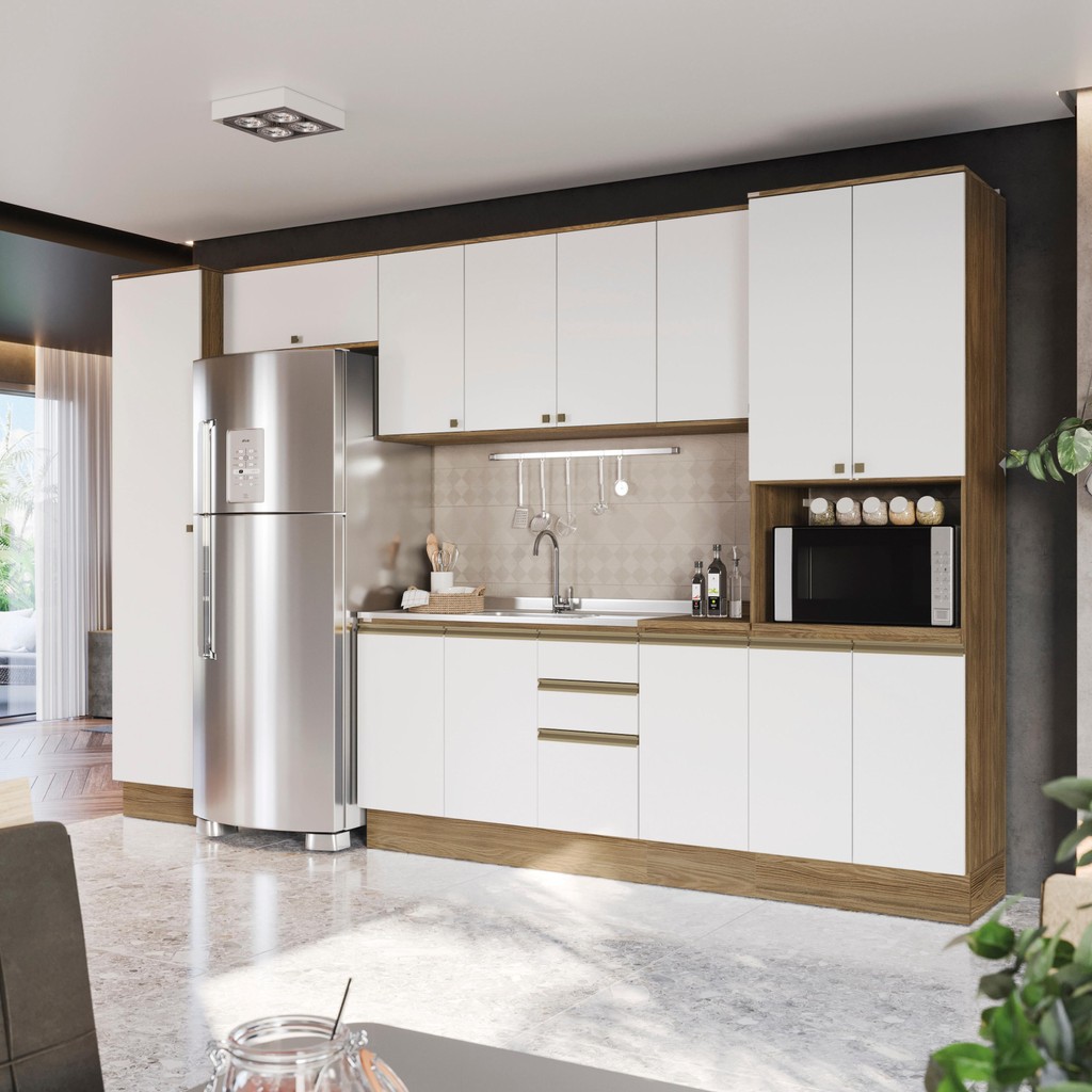 Cozinha Modulada Celeste Kappesberg 100% MDF Nogueira/Branco 360cm em Oferta na Shopee