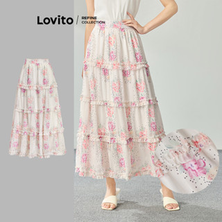 (Lovito Refine) Saia elegante com padrão floral de alface para mulheres LR1ED032 em Oferta na Shopee