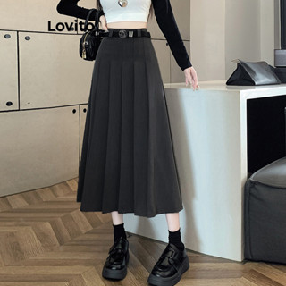 Lovito Casual Saia Feminina Lisa Plissada LNE30091 (Cinza/Preto)