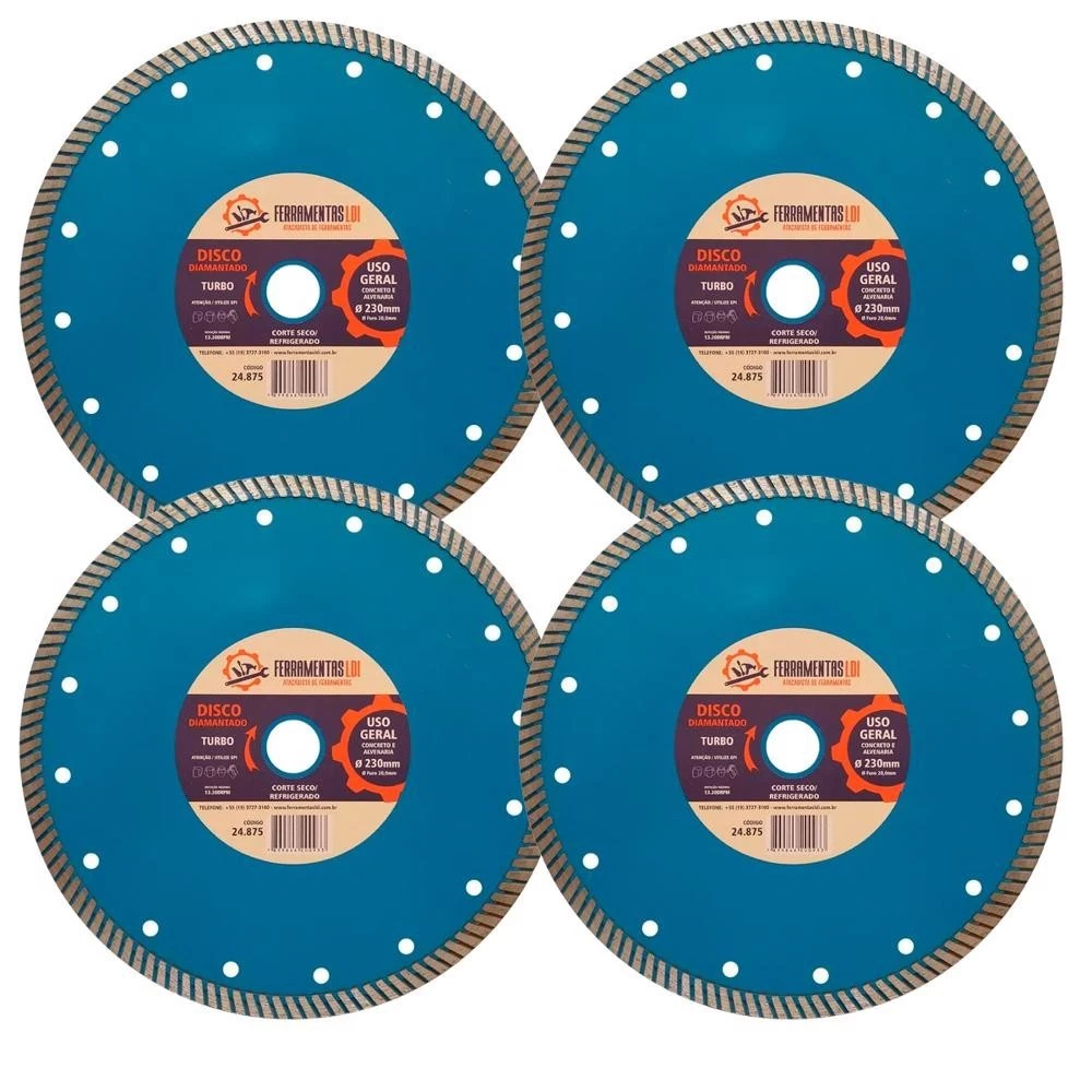 Kit 4 Disco Diamantado 9 Polegadas 230mm Turbo Furo 22mm Ldi Ferramentas — imagem 1
