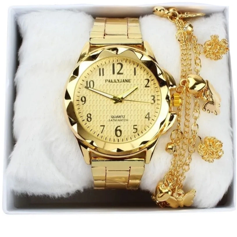 Relógio Feminino Dourado Banhado a Ouro 18k Original + Pulseira