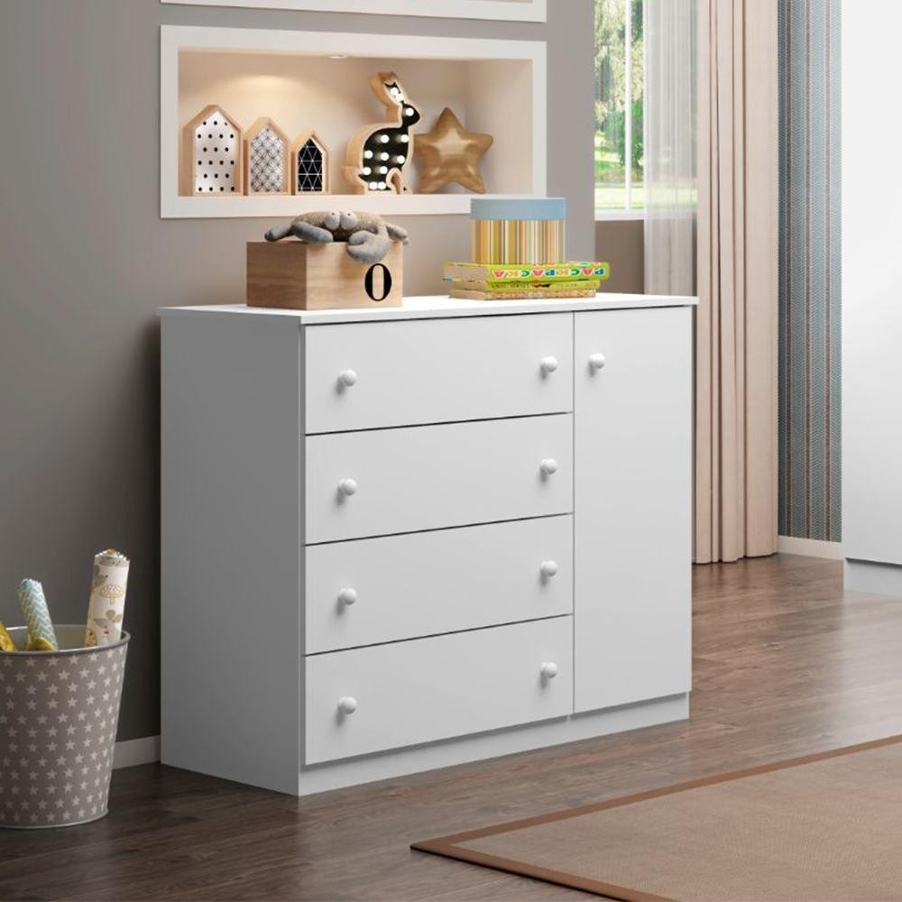 Cômoda Infantil 1 Porta 4 Gavetas Ellie P04 Branco - Mpozenato - Home & Living
