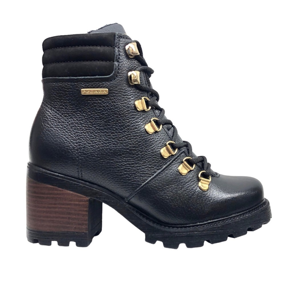 Bota Coturno Feminina com Cadarço Salto Médio Quadrado Couro Legitimo Verdadeiro Tratorada Pegada Macia Casual Social