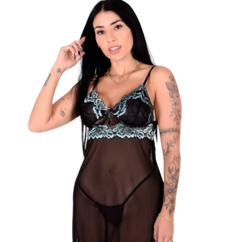 Camisola Tule com Renda Bicolor e Calcinha sem bojo camisolas feminina