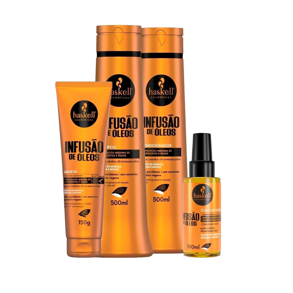 Kit Haskell Infusão De Óleos 500ml Shp/Cond/Leave/Óleo