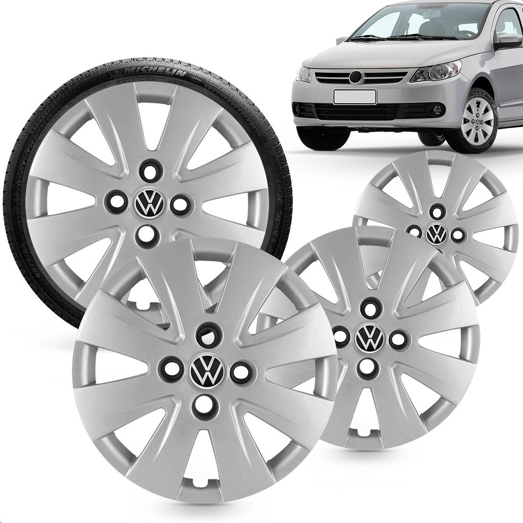 Kit 4 Calotas Gol Voyage Saveiro G5 2009 A 2012 Aro 14 Prata Cubo Alto Grid + Adesivo Resinado 48Mm Vw Preto (4 Pc)