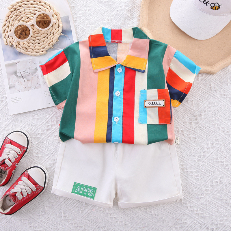Baby Clothing Kids Boys Casual Meninos Camisa De Manga Curta Listrada Com Calção Elástico De Cintura Conjunto De Verão Para Crianças De Colo