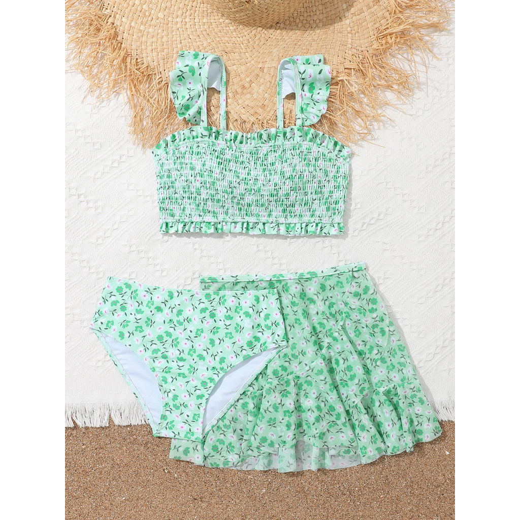 biquíni conjunto 3 peças ato de banho infantil Floral Verde ,biquini feminino juvenil com saia 11anos 12anos 14 anos
