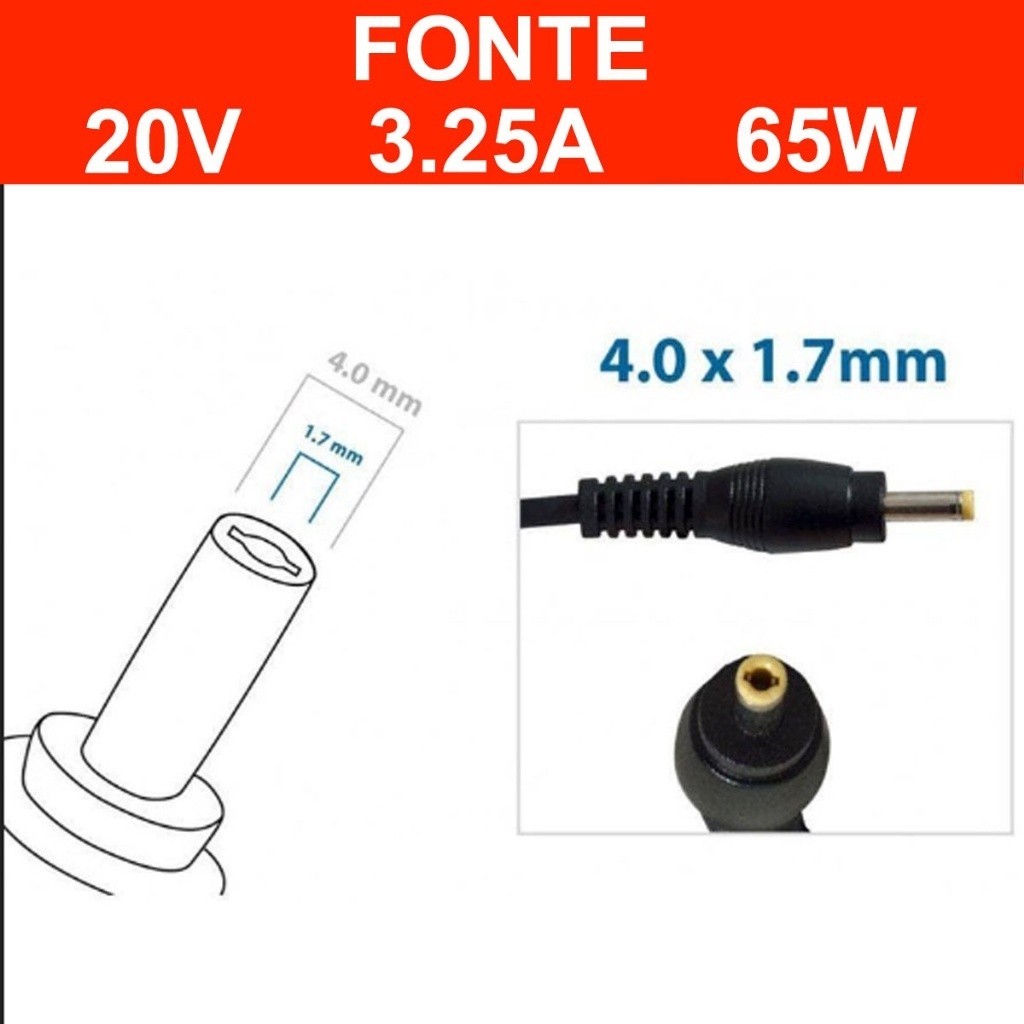 Fonte AAA006 20V/3.25A/65W Compativel com Lenovo Ideapad 310 - 320 - S145 - yoga 520 SU - detalhe