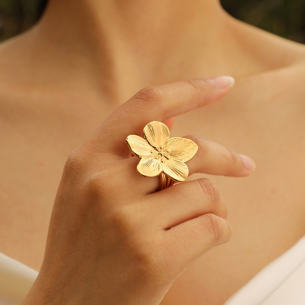 Vnox Flower Anel De Abertura Para Menina Feminina , 18K Gold Big Ring Jóias De Festa Em Aço Inoxidável em Oferta na Shopee