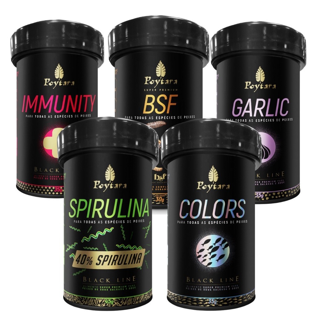 Kit Rações Poytara Black Line Immunity 35g / Garlic 35g / Colors 35g / Spirulina 45g / BSF Crispis 30g em Oferta na Shopee