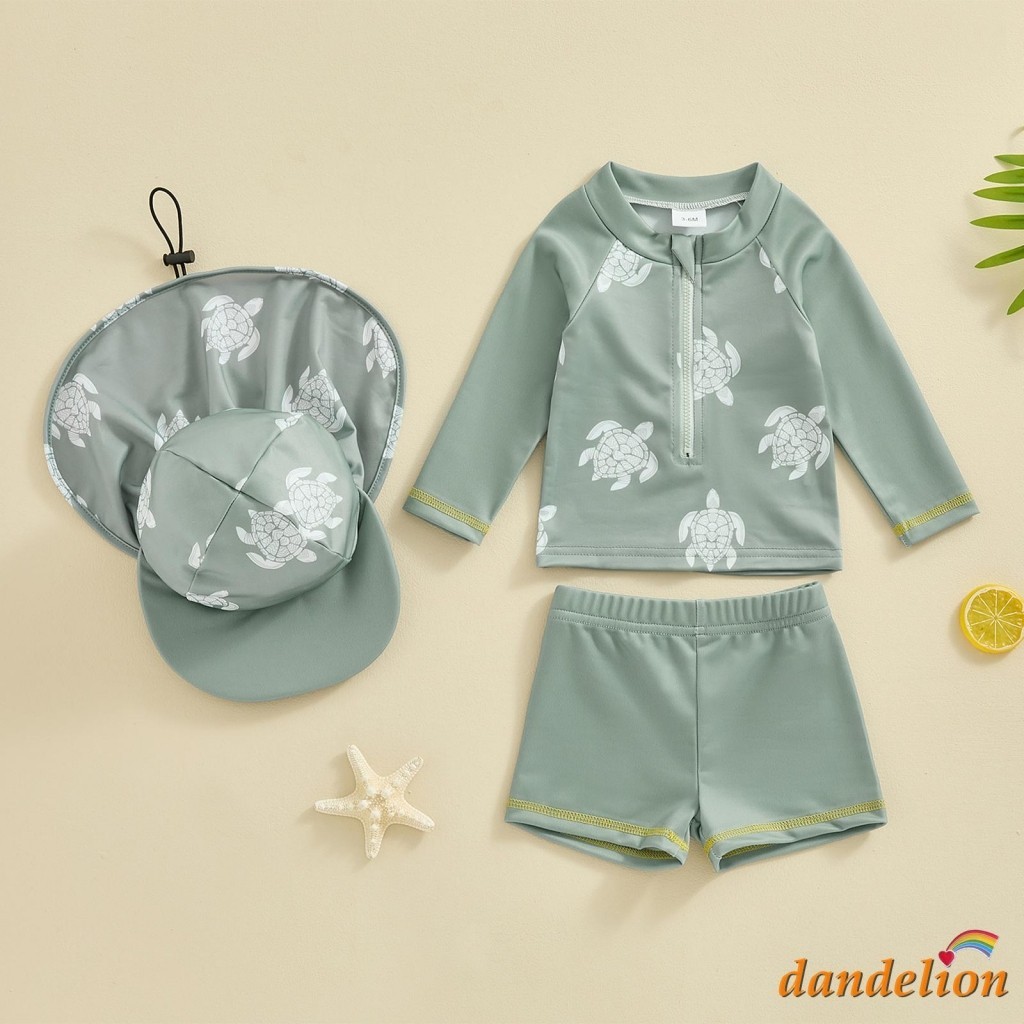 0-5 Anos Kids Baby Boys Rash Guard 3pcs Fatos De Banho De Manga Comprida Tartaruga Impressão T-shirt Com Shorts E Chapéu