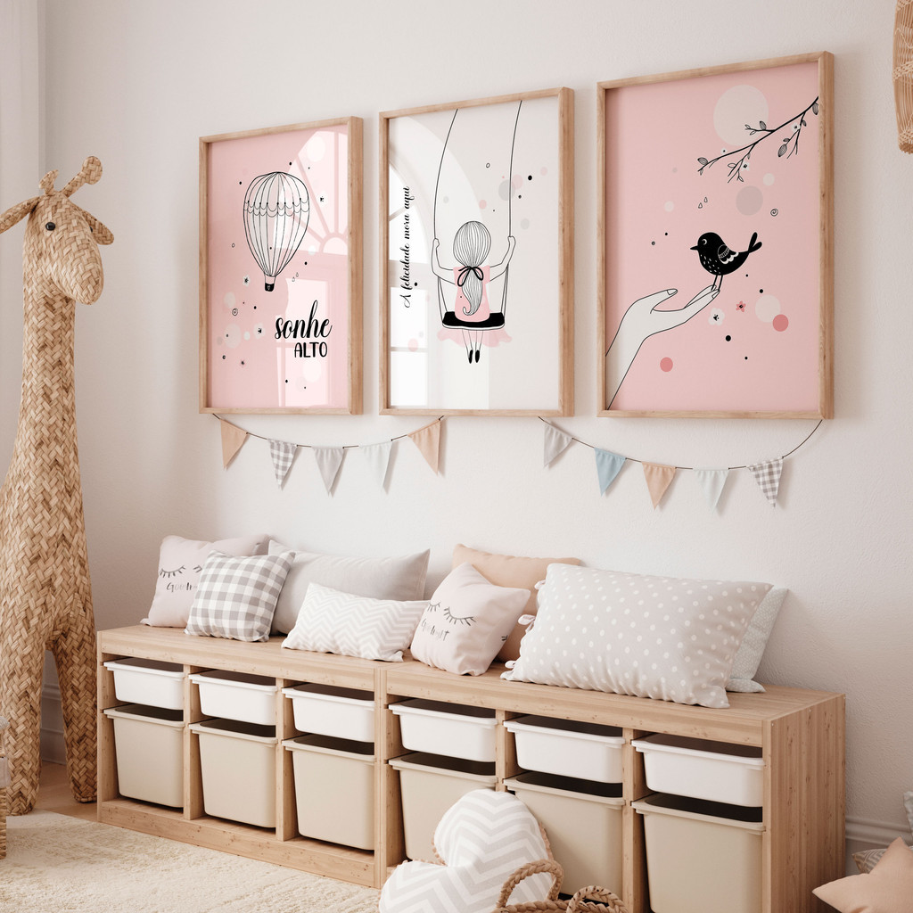Quadro Decorativo Menina no Balanço Pássaro Balão Perfeito Para Quarto Sala
