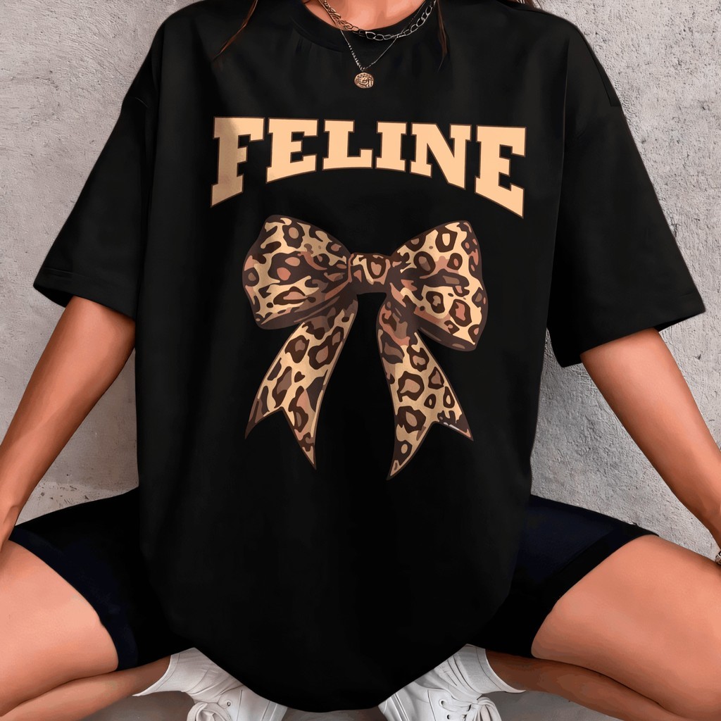 Camiseta Tshirt feminina 100% algodão estampada Feline Oncinha e Laço