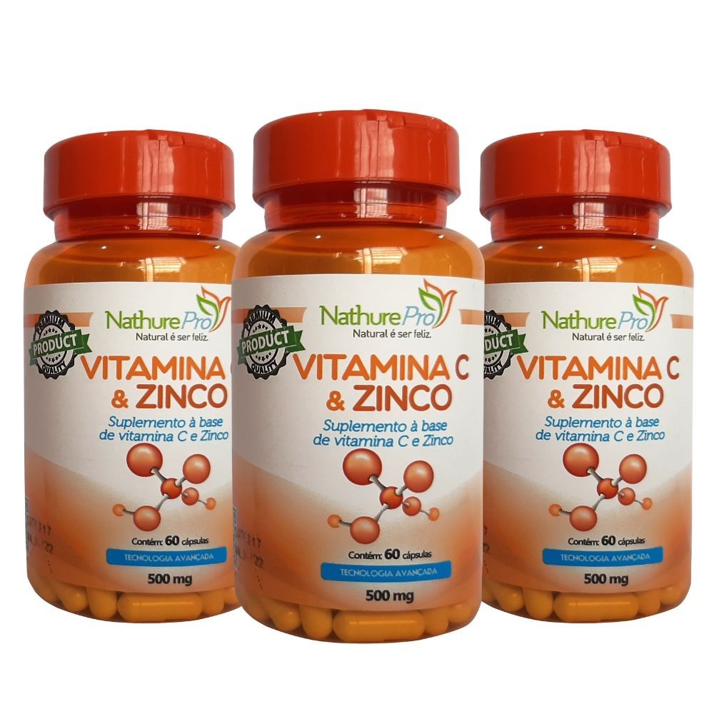 Kit 3 Suplemento Alimentar - Vitamina C e Zinco 60 Cápsulas 500mg - Matéria prima importada!