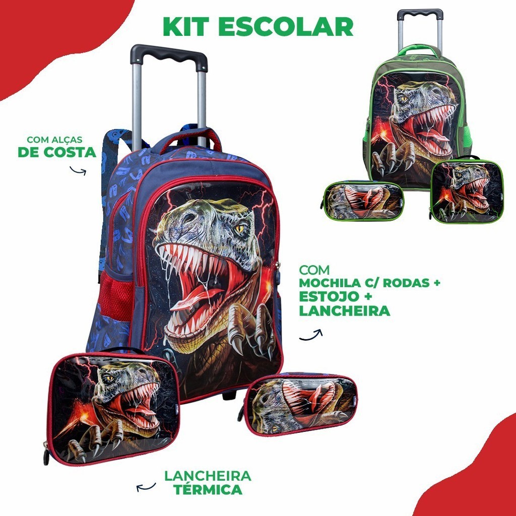 Kit Mochila de Rodinhas + Lancheira + Estojo Dinossauro Rex Dino Masculina Escolar Infantil