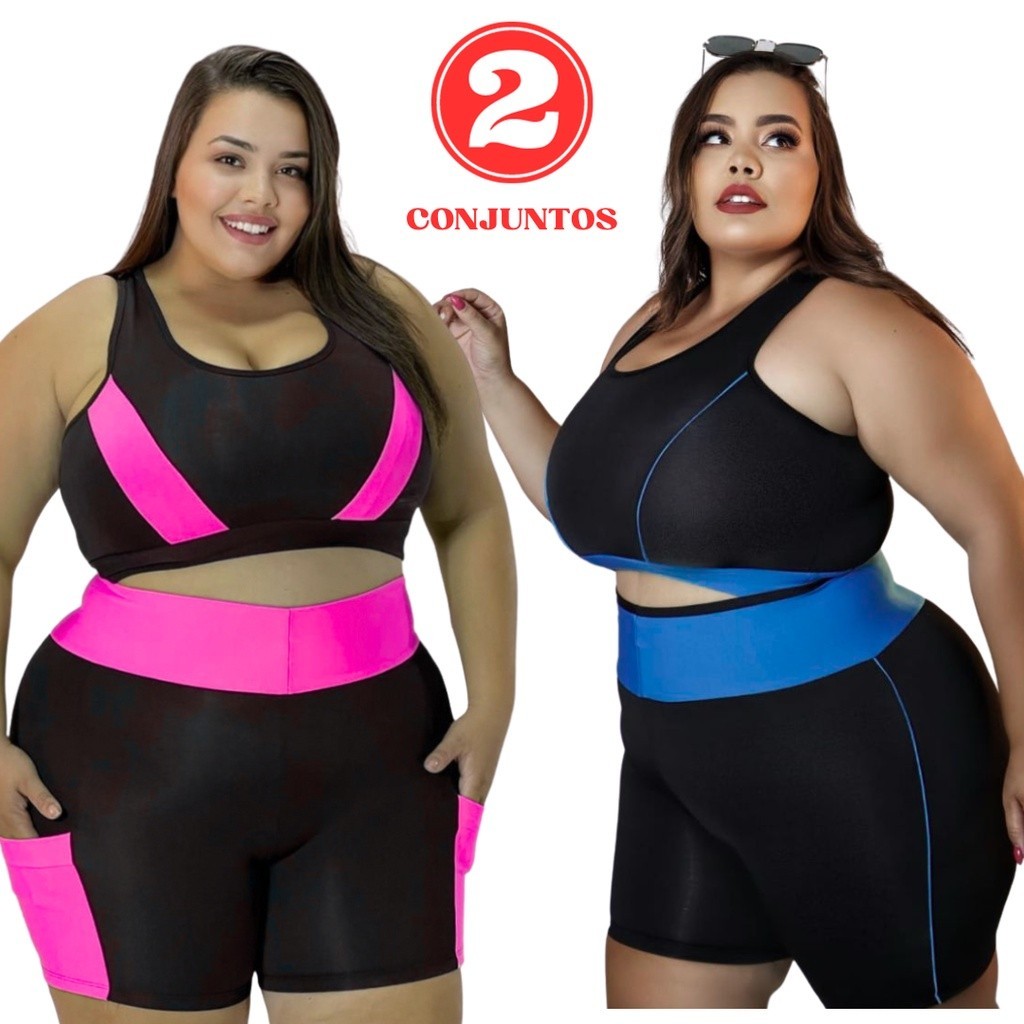 Kit 2 Conjuntos Fitness Plus Size e Slim 40 ao 54 G GG XGG e EXGG feminino Modelo Curves