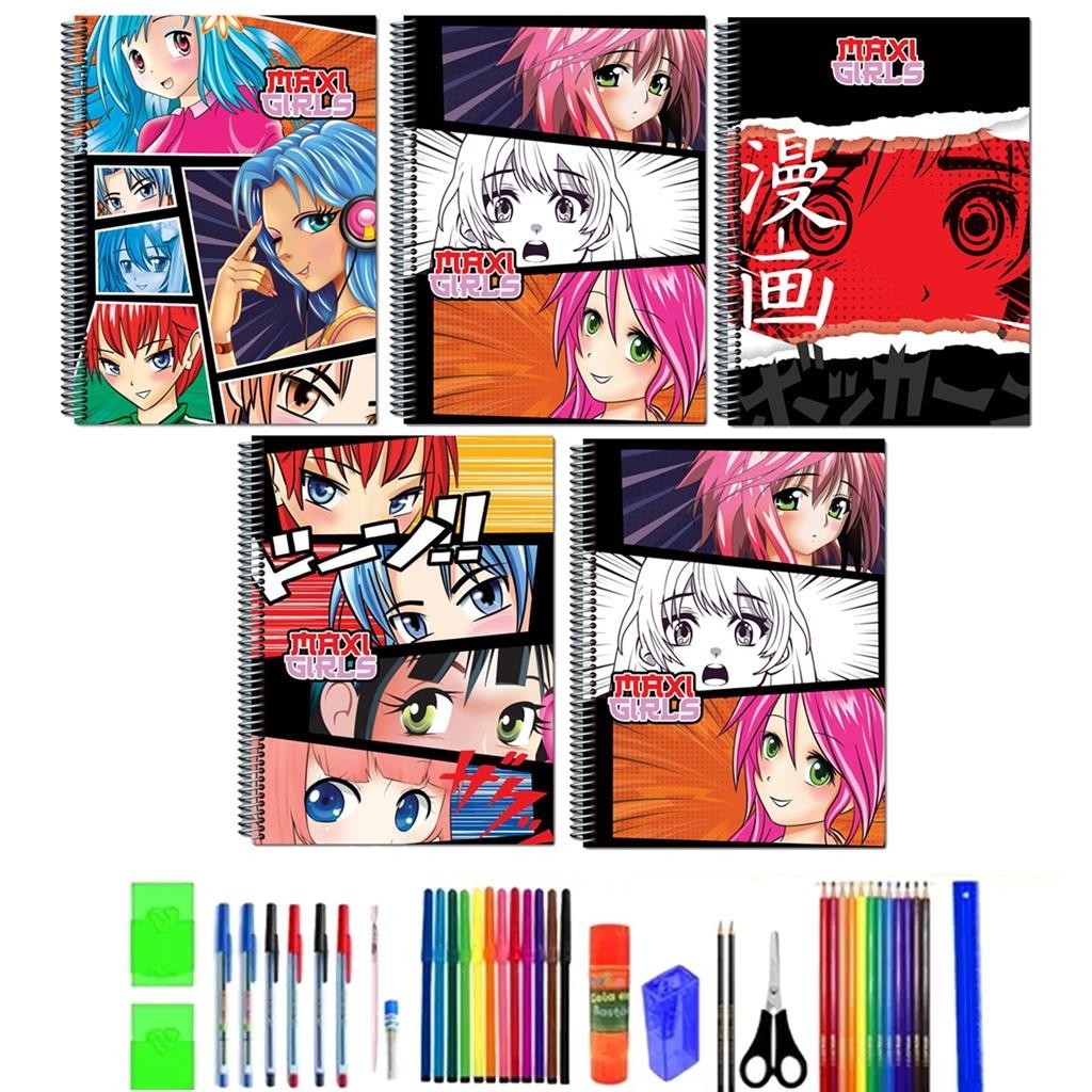 Kit 5 Cadernos Anime Grande Arame Com Pautas Capa Dura Com 40 Itens Material Escolar