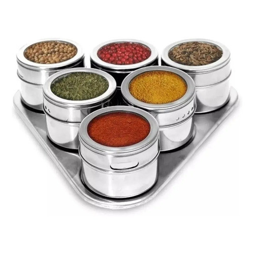 Kit Com 6 Potes Porta Condimentos Temperos Magnético Em Inox
