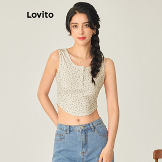 Lovito Casual Blusa Feminina Floral Rodada com Botão L71ED041 (Off White)