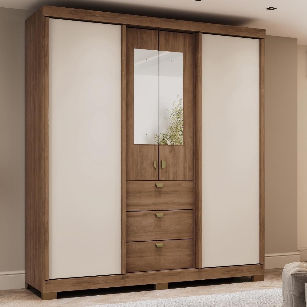 Guarda Roupa Casal 4 Ptas c/ Espelho Fit Carraro Freijó/OffW em Oferta na Shopee