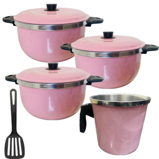 Jogo de Panelas Kit Caçarolas  Alumínio Grosso na cor Rosa 4 Peças Com Canecão 1 Espátula em Oferta na Shopee