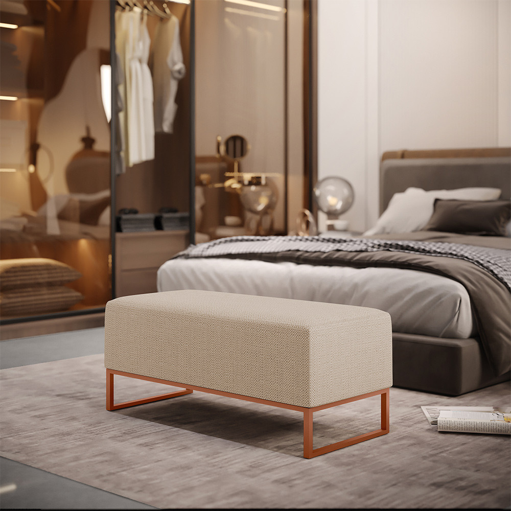 Puff Decorativo Sala De Estar Cléo 90cm Base De Ferro Cobre W01 Linho Bege Escuro- Lyam Decor em Oferta na Shopee