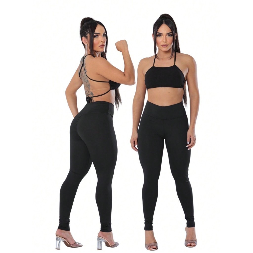 Kit 2 Calça Legging Cintura Alta Feminina Fitness Academia Atividade Física Casual Poliamida Preto