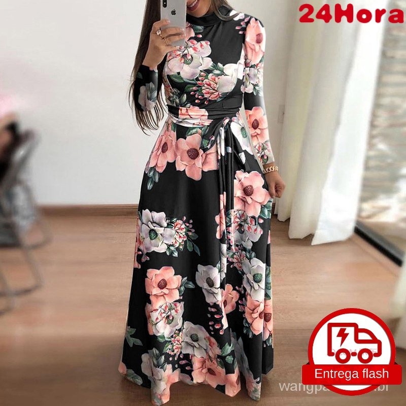Vestido evangélico gola redonda de manga comprida feminino Plus Size longo estampado Vestido soltinho