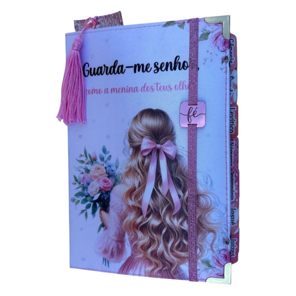 Bíblia NTLH Garota buquê guarda-me Senhor com Abas Adesivas Capa dura acolchoada + elastico + marca paginas glitter